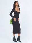 side view of model wearing Princess Polly Nolan Midi Dress Black Tall Sweetheart Neckline 