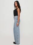 side view of model wearing Princess Polly Karlina High Rise Straight Leg Jean Light Wash High Waisted 