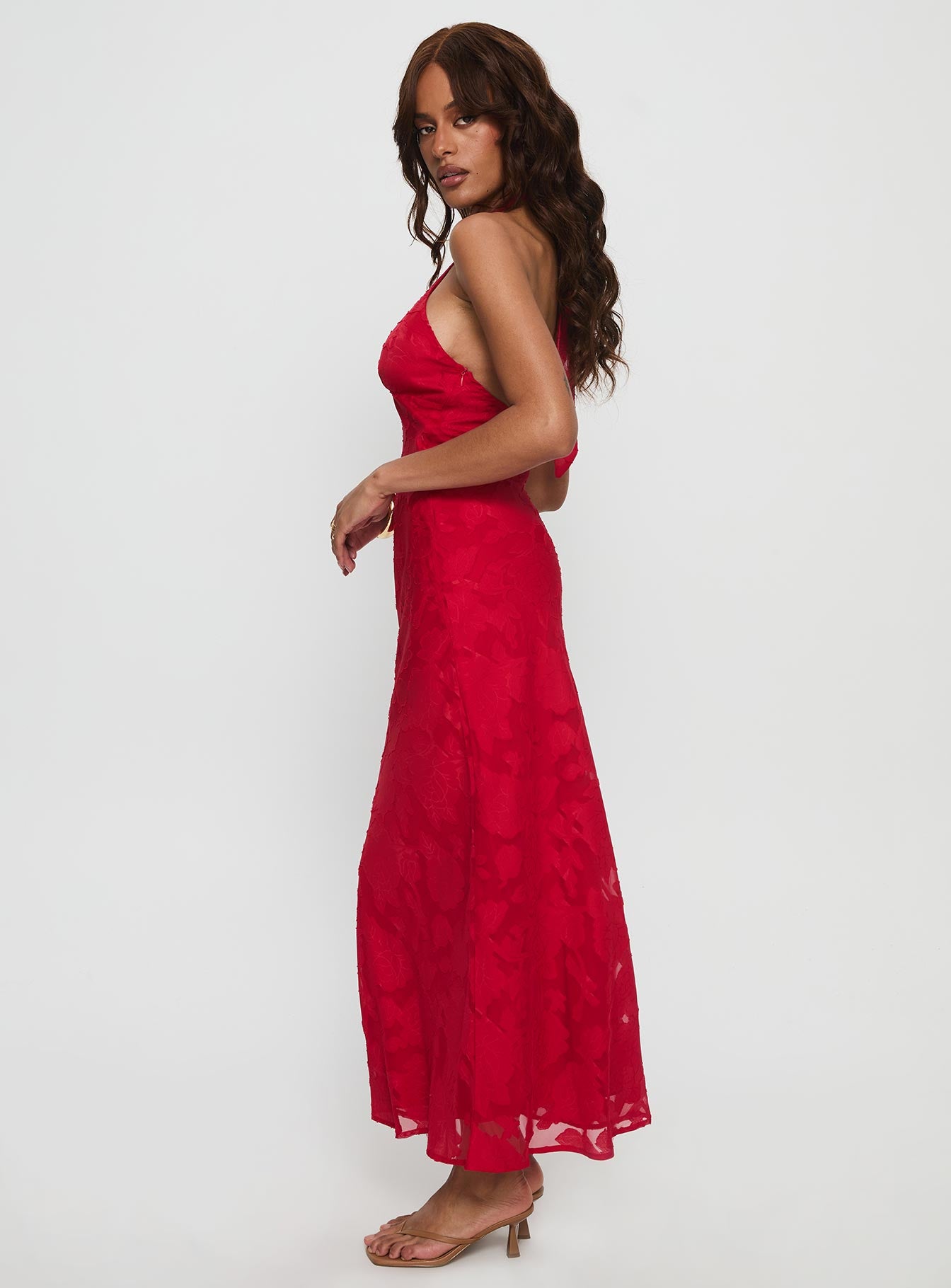 Ending Credits Halter Twist Maxi Dress Red Burnout