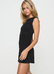 side view of model wearing Princess Polly Tranquil One Shoulder Mini Dress Black Asymmetric Neckline 