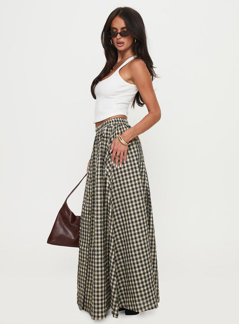  side view of model wearing Princess Polly Cartmel Check Maxi Skirt Black / Cream Maxi 