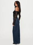 back view of model wearing Princess Polly Good Judgement Off Shoulder Lace Long Sleeve Top Black Full Sleeves straight 