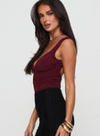 side view of model wearing Princess Polly Morgane Mesh Bodysuit Burgundy Sleeveless 