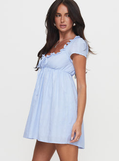 side view of model wearing Princess Polly Monsterrat Mini Dress Blue Scoop Neck 