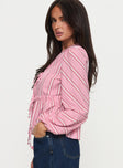 side view of model wearing Princess Polly Cindylou Long Sleeve Top Pink Stripe Full Sleeves Plunger 