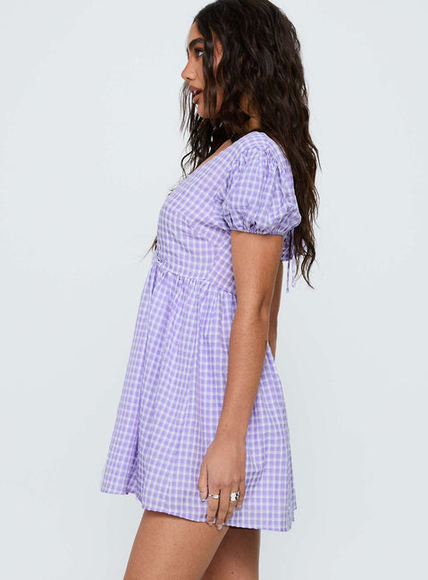Chavelle Puff Sleeve Mini Dress Purple Check