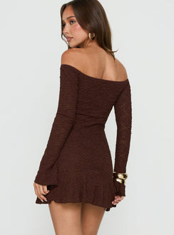 Vancesca schulterfreies Mini-Kleid mit langen Ärmeln, Chocolate