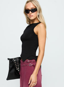 side view of model wearing Princess Polly Lefort Tank Top Black Sleeveless Boat Neck 