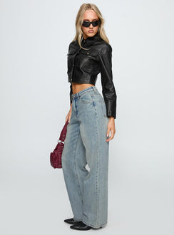 side view of model wearing Princess Polly Echo Park Jeans Vintage Wash Jean Mid Rise 