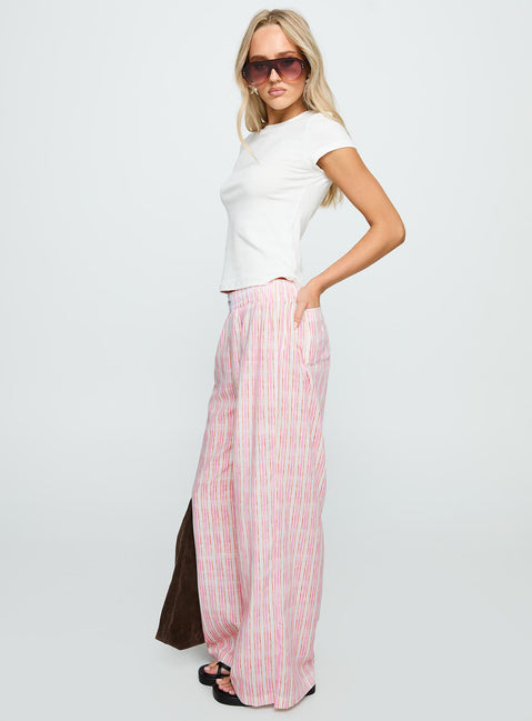 side view of model wearing Princess Polly Beach House Pants Pink Stripe High Waisted Pants 