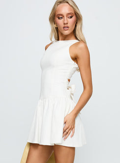 side view of model wearing Princess Polly Faela Tie Back Mini Dress White Crew Neck 