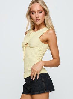 side view of model wearing Princess Polly Souls Intertwine Cut Out Top Yellow Sleeveless Crew Neck 
