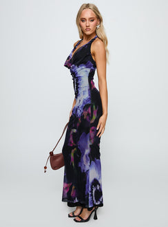 side view of model wearing Princess Polly Bittersuite Cowl Maxi Dress Black Cowl Neck 