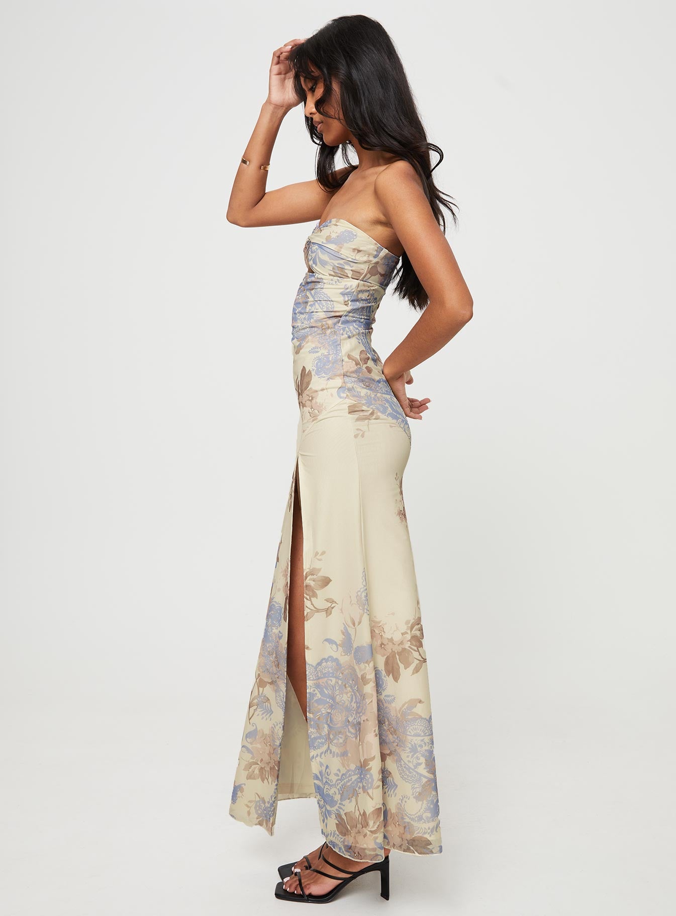 Front view of model wearing  front Princess Polly Asymmetric Neckline  Kyanne High Split Maxi Dress Cream Multi