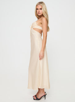 side view of model wearing Princess Polly Durand Maxi Dress Cream Sweetheart Neckline 