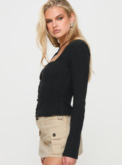 side view of model wearing Princess Polly Zenda Linen Blend Long Sleeve Top Black Full Sleeves Square Neck 