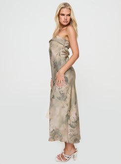 side view of model wearing Princess Polly Voices Strapless Maxi Dress Cream Floral Straight Neck 
