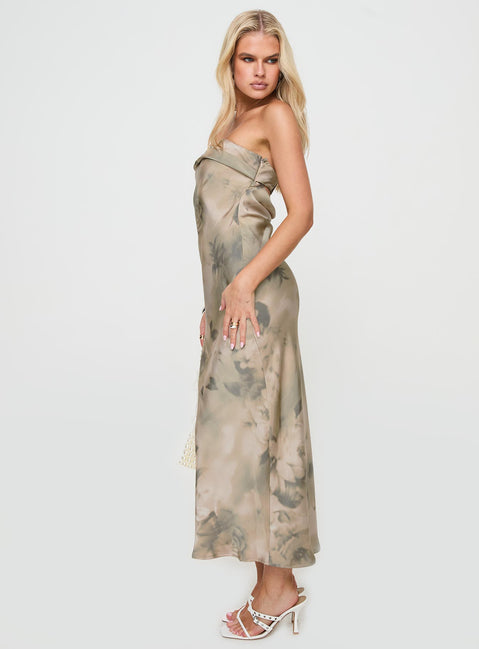 side view of model wearing Princess Polly Voices Strapless Maxi Dress Cream Floral Straight Neck 