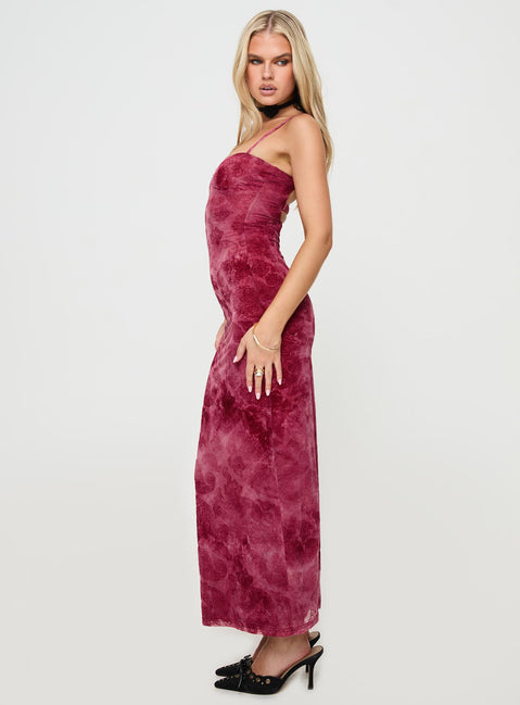 side view of model wearing Princess Polly Orla Paisley Maxi Dress Burgundy Sweetheart Neckline 
