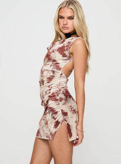 side view of model wearing Princess Polly Palmerston Backless Mini Dress Multi Cowl Neck 