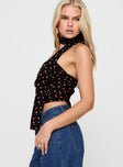 Black floral Floral crop top Strapless, bustier fit, scarf neck tie detail