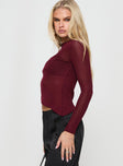 side view of model wearing Princess Polly Pratt Long Sleeve Top Burgundy Full Sleeves High Neck 