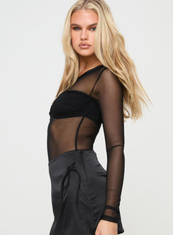 side view of model wearing Princess Polly Duet Bodysuit Black Full Sleeves Crew Neck 