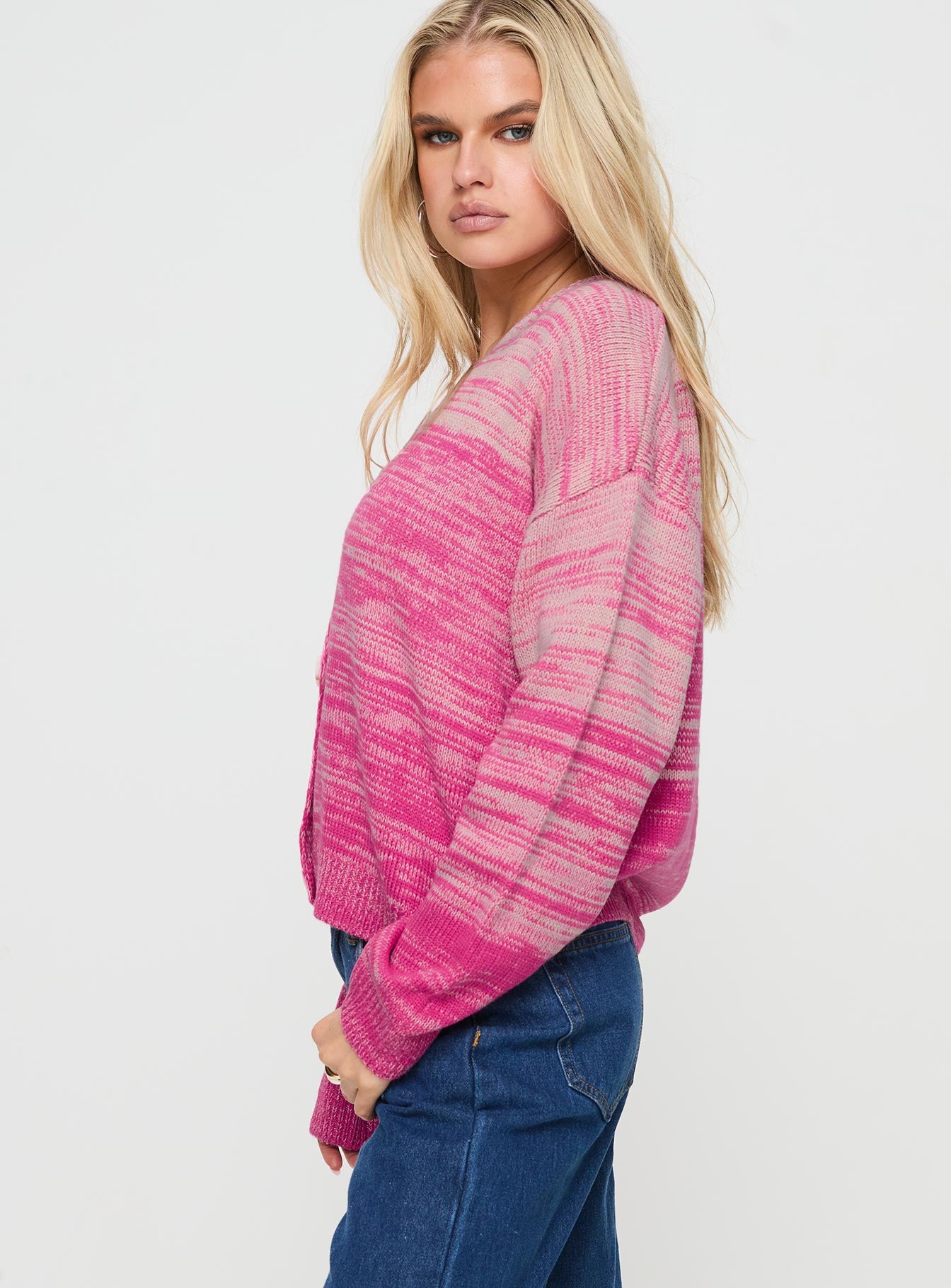 side view of model wearing Princess Polly Emikio Cardigan Ombre Pink regular 