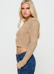 side view of model wearing Princess Polly Flolie Long Sleeve Top Beige Full Sleeves Crew Neck 