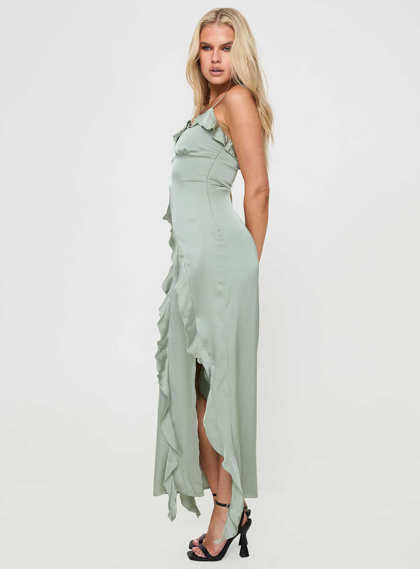 side view of model wearing Princess Polly Branwell Maxi Dress Sage V-Neck 