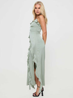 side view of model wearing Princess Polly Branwell Maxi Dress Sage V-Neck 