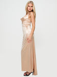 side view of model wearing Princess Polly Dubois Maxi Dress Champagne Cowl Neck 