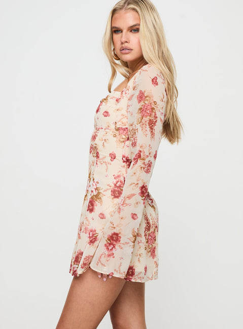 side view of model wearing Princess Polly Valentin Long Sleeve Mini Dress Floral Square Neck 