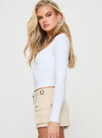 White Long sleeve crop top Square neckline, pinched bust