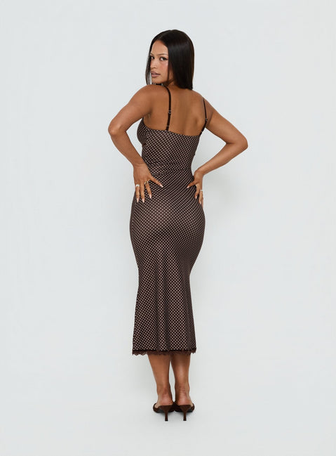 Delaney V Neck Frill Midi Dress Brown / Pink Polka Dot