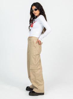 Front view of model wearing  front Princess Polly High Waisted Pants High Waisted Pants High Waisted Pants  Luna Mid Rise Cargo Pants Beige Petite