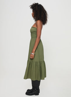 side view of model wearing Princess Polly Chani Strapless Maxi Dress Olive Straight Neck 