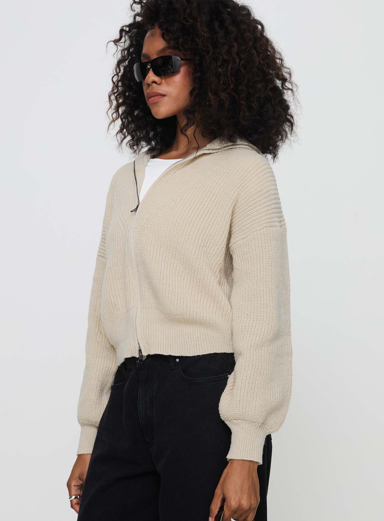 side view of model wearing Princess Polly Merivale Knit Sweater Beige Cropped 