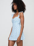 side view of model wearing Princess Polly Landon Mini Dress Blue Floral Sweetheart Neckline 