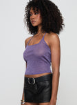 side view of model wearing Princess Polly Ezekiel Glitter Top Purple Sleeveless Scoop Neck 