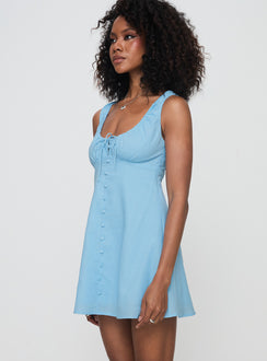 side view of model wearing Princess Polly Fiorello Mini Dress Blue Scoop Neck 