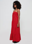 side view of model wearing Princess Polly Kazia Maxi Dress Red Straight Neck 