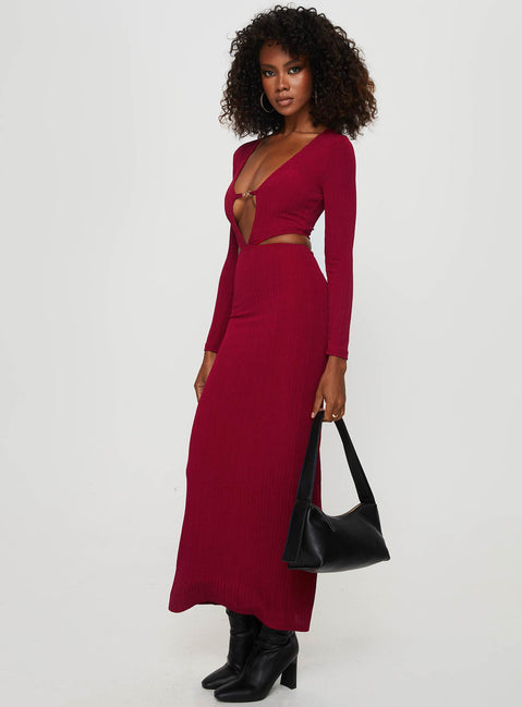 side view of model wearing Princess Polly Everton Maxi Dress Burgundy Plunger 