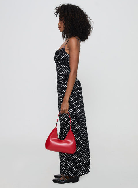 side view of model wearing Princess Polly Pansotti Maxi Dress Black Square Neck 