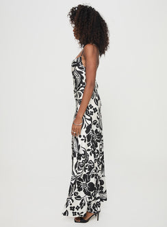 side view of model wearing Princess Polly Conti Maxi Dress Black / White Cowl Neck 