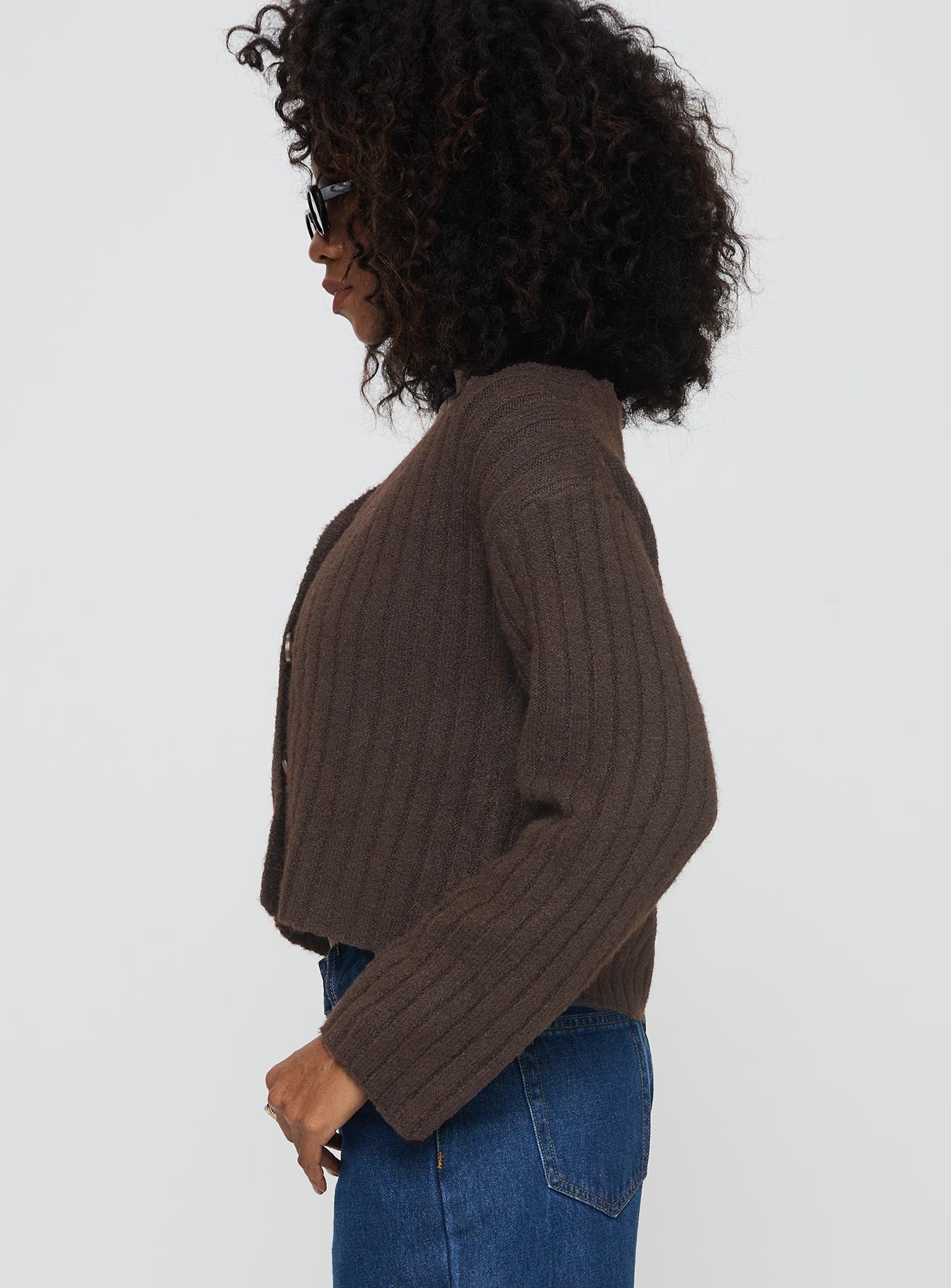 side view of model wearing Princess Polly Romona Knit Cardigan Chocolate Cropped 