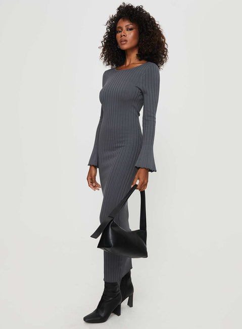 side view of model wearing Princess Polly Heleni Long Sleeve Maxi Dress Grey Scoop Neck 