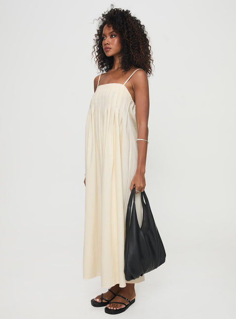 side view of model wearing Princess Polly Frankye Maxi Dress Cream Square Neck 