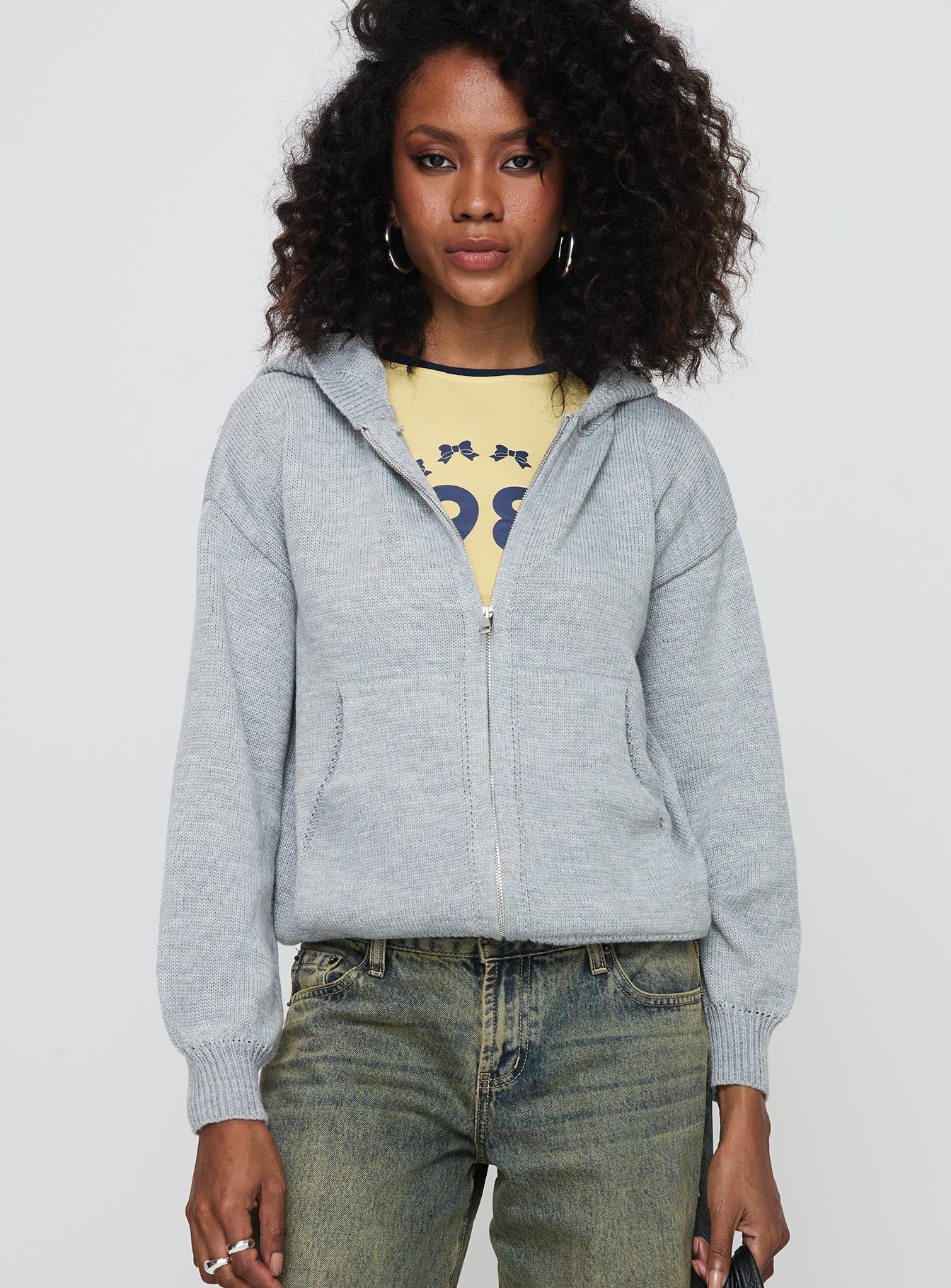 front view of model wearing Princess Polly Morrigan Zip Up Hooded Sweater Grey Marle Cropped 