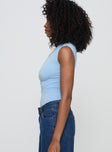 side view of model wearing Princess Polly Beller Bodysuit Blue Sleeveless Asymmetric Neckline 